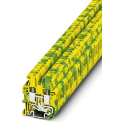 Phoenix Contact MUT 2,5-PE mini-jordklemme med skruetilslutning i grøn/gul. Viser en række klemmer monteret på en NS 15 skinne, med detaljeret udseende af tilslutningspunkterne.