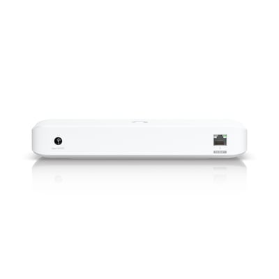 Bagside af Ubiquiti USW-Ultra-60W 8-port PoE switch med 54VDC input og en enkelt PoE ud-port.