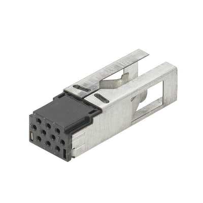 Weidmüller hybrid stikindsats Q10 med 10 poler, set skråt forfra med sort kontaktindsats og metalfarvet hus.