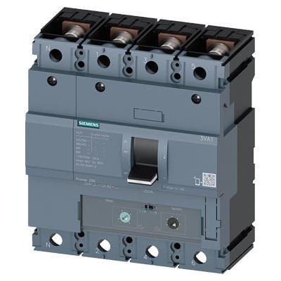 Siemens 3VA1 maksimalafbryder for anlægsbeskyttelse, 4-polet, 250A, med sort håndtag og indstillingsmuligheder på fronten.