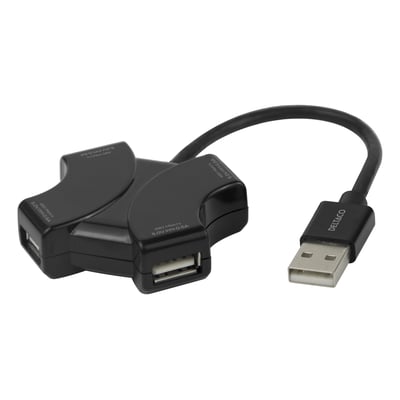 Sort Deltaco USB-A hub med fire porte og indbygget kabel, isoleret på hvid baggrund med tekniske detaljer.