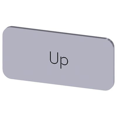 Siemens mærkningsplade til labelholder, 12.5x27mm, sølv med sort skrift 'Up' på en grå baggrund.