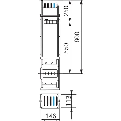 Teknisk tegning af Schneider Electric Canalis KSA stigeledningsskinne, 1000A, 0,8m. Viser dimensioner og komponenter.