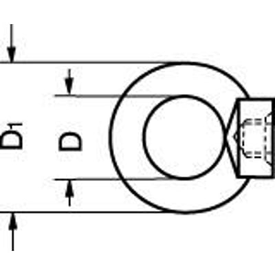 Teknisk tegning af M6 A4 DIN 582 øjemøtrik med dimensioner og markeringer, viser en del af gevind og øjet.