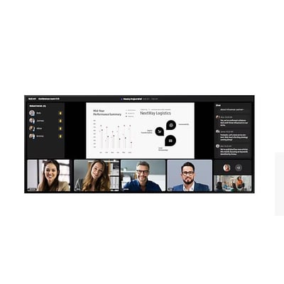 Samsung digital signage-skærm LH105QPD5BGXEN set forfra med videomøde, deltagerfelter og præsentationsoversigt på skærmen.