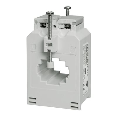 Carlo Gavazzi CTD-2X strømtrafo, 50/5 A, klasse 3, med gråt hus, gennemføringsåbning og to skruer øverst.