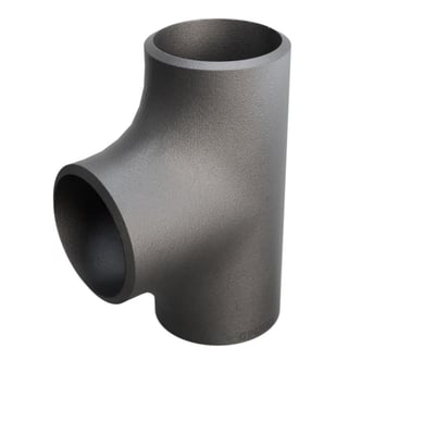 Mørkegrå ståltilslutning, Tee P235GH, 42,4 x 2,6 mm, med tre lige store rørkoblinger på hvid baggrund.