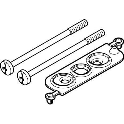 Festo tætning VABD-L1-10AX-S-M3 vist som en teknisk tegning med to bolte og en tætningsholder med tre cirkulære åbninger.