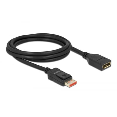 DeLock DisplayPort forlængerkabel på 2 meter i sort med DisplayPort male og female stik, ideel til 8K 60 Hz.