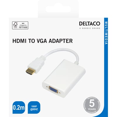 Emballagen viser en hvid Deltaco HDMI-til-VGA-adapter med kort kabel på 0,2 meter.