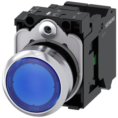 Siemens Sirius Act trykknap, 22mm, ru metal, høj, blå, med 1 NO kontakt og fjederklemme, integreret LED 230V AC.