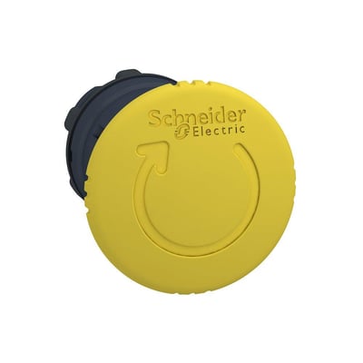 Schneider Electric Harmony Style 5 paddetryk i gul med tryk-drej funktion, Ø40mm, med synligt logo på en hvid baggrund.