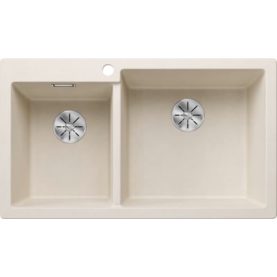 Blanco Pleon 9 UXI køkkenvask i SILGRANIT® soft white med to kummer og hanehul. Vasken måler 86 x 50 cm.