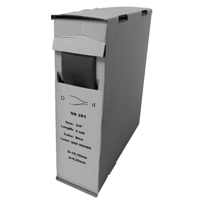 Raychem krympeflex i en papdispenserboks med mærkning for størrelse og farve, produktet er ikke synligt.