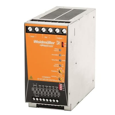 Weidmüller CP DC UPS 24V 20A/10A kontrol modul med skrueterminaler og LED-indikatorer på den orange frontplade.