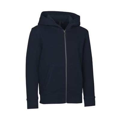 Mørkeblå børne hoodie zip cardigan fra ID Identity med gennemgående lynlås og kængurulomme.