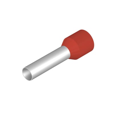 Et enkelt rødt terminalrør fra Weidmüller med isolerende plastkrave, vist fra siden. Materiale: kobber med tinbelægning.