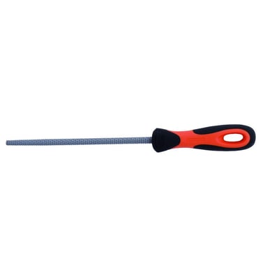 Overbliksbillede af Bahco rund rasp, 200 mm, med 9 mm diameter og mellem hugning, vist med ergonomisk håndtag.