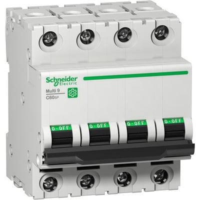 Schneider Electric C60SP-automatsikring med fire sorte vippekontakter, 2 A mærkstrøm og C-kurve, set skråt forfra.