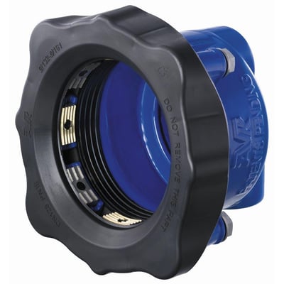 AVK Supa Maxi™ universal slutmuffe til 2" rør, model 132-159 mm i blå og sort duktiljern med synlige gribetænder.