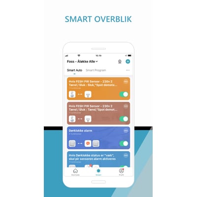 Screenshot af FESH appen, der viser 'SMART OVERBLIK' med muligheden for at oprette automatiske programmer for FESH smart enheder.