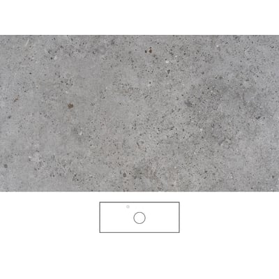 Svedbergs grå kalkbordplade med plettet overflade vises sammen med en enkel tegning af formen og armaturhullet.