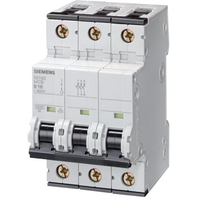 Siemens SENTRON 5SY6313-6 automatsikring med tre poler, B-karakteristik og 13 A, set forfra og fra siden.