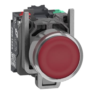 Schneider Electric lampetryk med rød trykflade og metalring, 24V 1NO+NC med push-in terminaler og synlig mærkning.