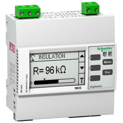 Detaljeret visning af Schneider Electric Vigilohm IM10, med fokus på displayet, knapperne og de grønne skrueterminaler på toppen af enheden.