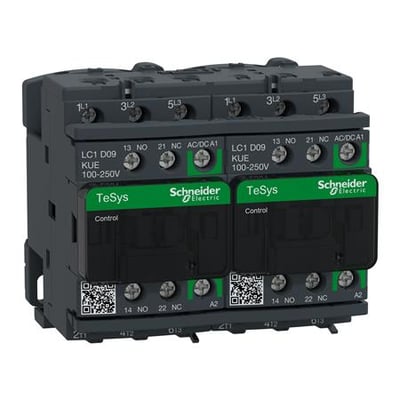 Schneider Electric TeSys D Green kontaktor for revers 3P, 9A, 100-250V AC/DC, viser klemmer og mærkater på mørkegrå plast. Begge enheder er mærket 'LC1 D09 KUE 100-250V' og 'Schneider Electric TeSys Control'.