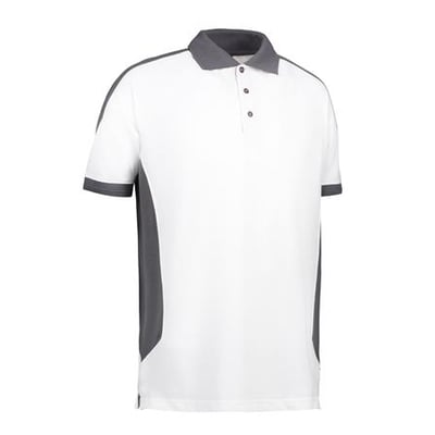 ID Identity Poloshirt Pro i hvid med mørkegrå detaljer på kraven, ærmer og sider, størrelse XL.