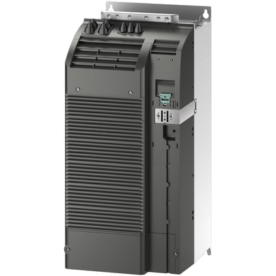 Siemens Sinamics G120 power modul PM240-2, 75kW, set fra siden, med synlige ventilationsribber og tilslutningsporte på en grå baggrund.