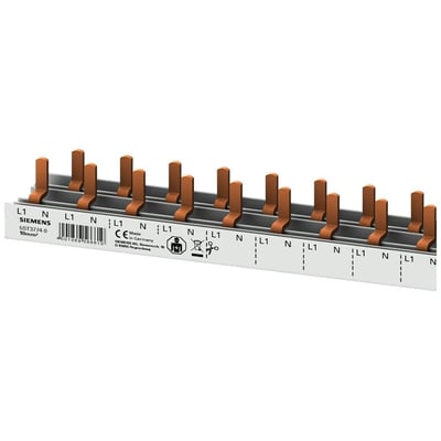 Siemens PIN samleskinne 16mm² med 10 mm² tilslutning, viser kobberterminaler og mærkning for faser og nul.