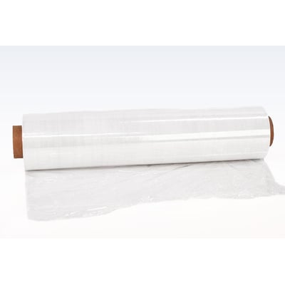 Roliba transparent håndstrækfilm, 45 cm bred, 20 my tyk og 300 m lang, liggende på hvid baggrund.