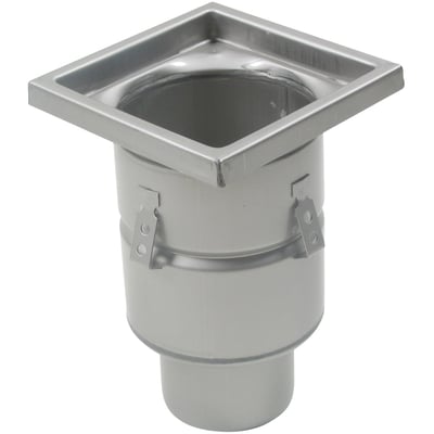 BLÜCHER industriafløb i rustfrit stål med kvadratisk 200 x 200 mm ramme og lodret Ø110 mm udløb, set skråt ovenfra.