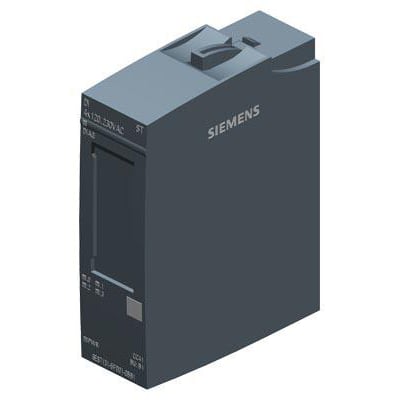 Siemens SIMATIC ET 200SP digital input modul DI 4x 120..230V AC Stogard, type 3, vist med et skråt perspektiv og Siemens logo.