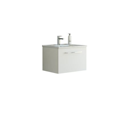 Dansani Mido møbelpakke i hvid mat med 61 cm bredde og en skuffe, vist på hvid baggrund med hane og sæbedispenser.