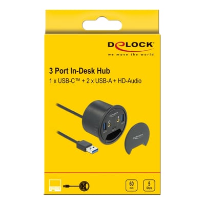 DeLock 3-ports in-desk USB hub med 1 USB-C, 2 USB-A og HD-audio, vist på gul baggrund med produktinformation og tilslutningskabel.