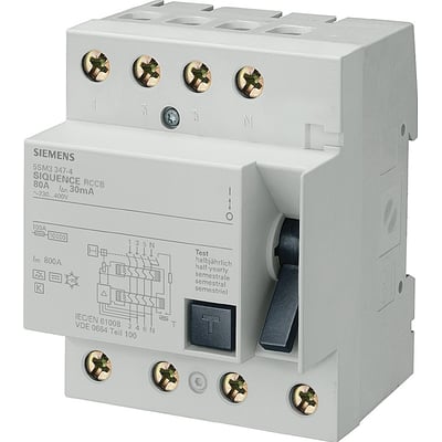 Siemens SIQUENCE PFI-fejlstrømsafbryder type B, 63 A og 300 mA, med fire poler, testknap og sort betjeningsgreb.