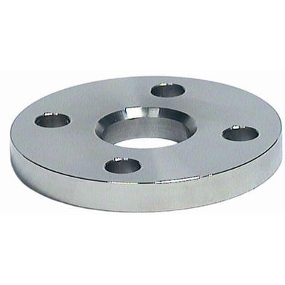 Indura løsflange på 355,6 mm i AISI 316L, set skråt med centralt hul og fire bolthuller, DIN 2642 PN10.