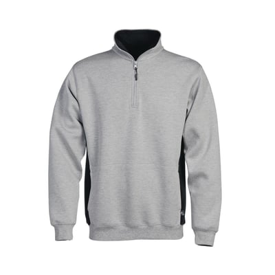 Kansas sweatshirt i gråmeleret med sort krave og sorte sidepaneler, størrelse 2XL. Sweatshirten har en kort lynlås og stor forlomme.