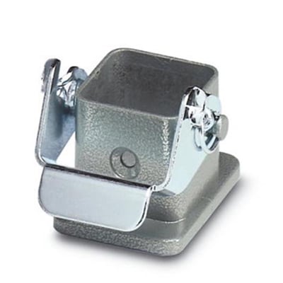 Nærbillede af Phoenix Contact indbygningshus D7 med poleret metalaflåsning og synlige bolte.