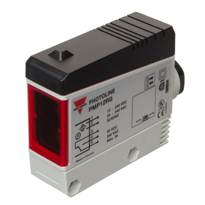 Carlo Gavazzi fotoaftaster PhotoLine PMP12RG med gråt hus, rød front og sort top, set skråt forfra.