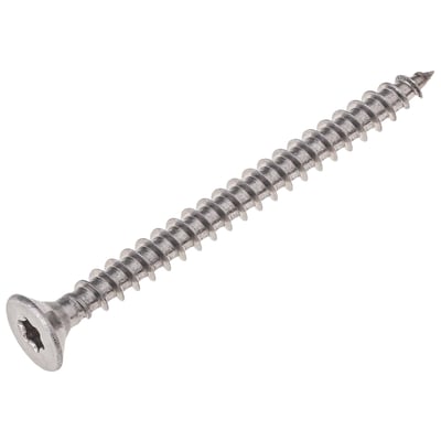 Rustfri A4 spånskrue 3,0x12 mm med undersænket hoved og TX10 kærv, vist isoleret på hvid baggrund.