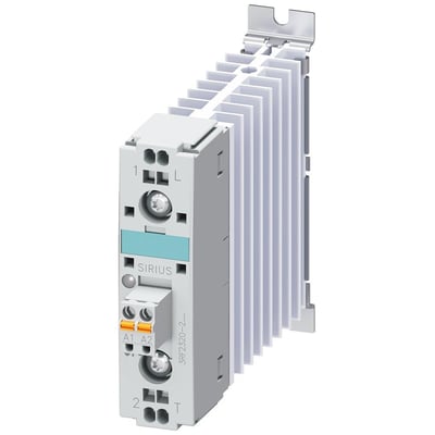 Siemens 3RF2 solid-state kontaktor med 20A strøm og 24-230V/24V DC driftsspænding, udstyret med køleplade og fjederklemmer.