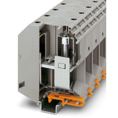Phoenix Contact UKH 240 stærkstrømsklemme i grå med skruetilslutning, viser indvendig mekanisme og montering på skinne.