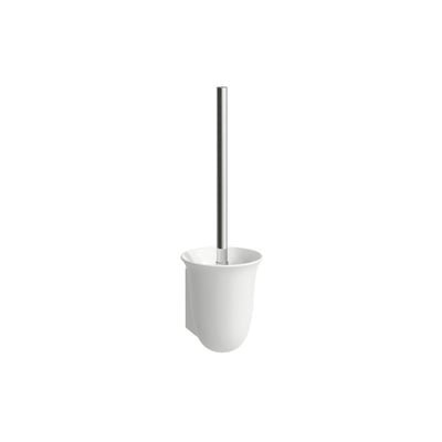 Fritstående hvid Laufen The New Classic toiletbørste med holder og stålskaft, isoleret på hvid baggrund.