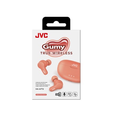 JVC Gumy True Wireless øretelefoner i pink, vist i deres originale emballage med produktnavn og specifikationer tydeligt fremhævet.