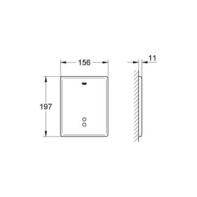 Teknisk tegning af Grohe Tectron Skate betjeningsplade med dimensioner 156x197mm og dybde 11mm, vist monteret på en væg.