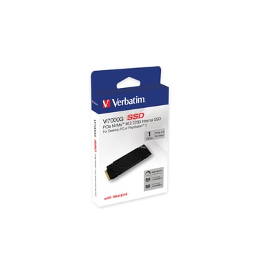 Emballagen til Verbatim Vi7000G intern PCIe NVMe M.2 SSD med sort køleprofil og 1 TB kapacitet.